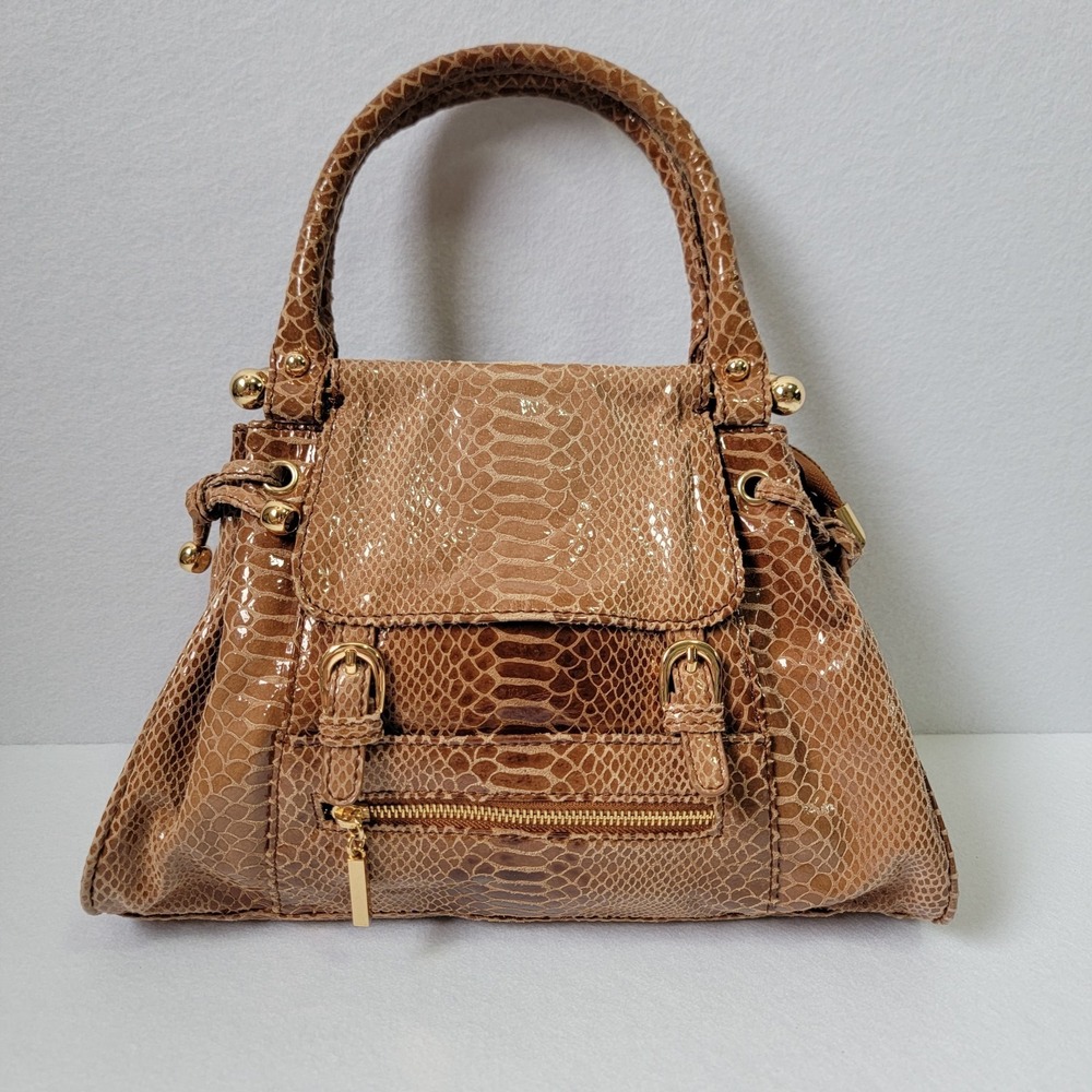Tiffany & Fred Paris Python Embossed Leather Satchel Bag Brown Gold Tone